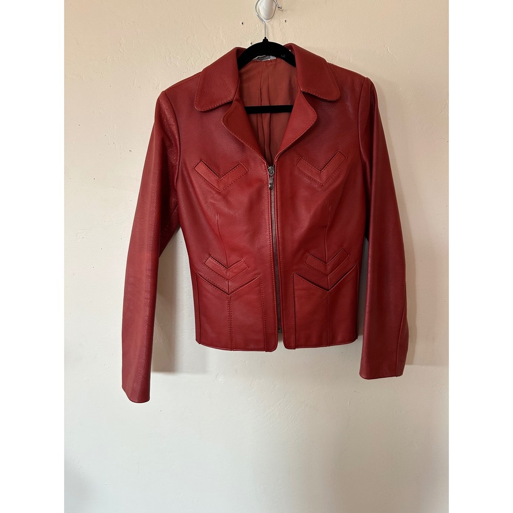 Vintage Barneys NY Red Italian Calfskin Leather Jacket Chevron Detail IT 40 US 6